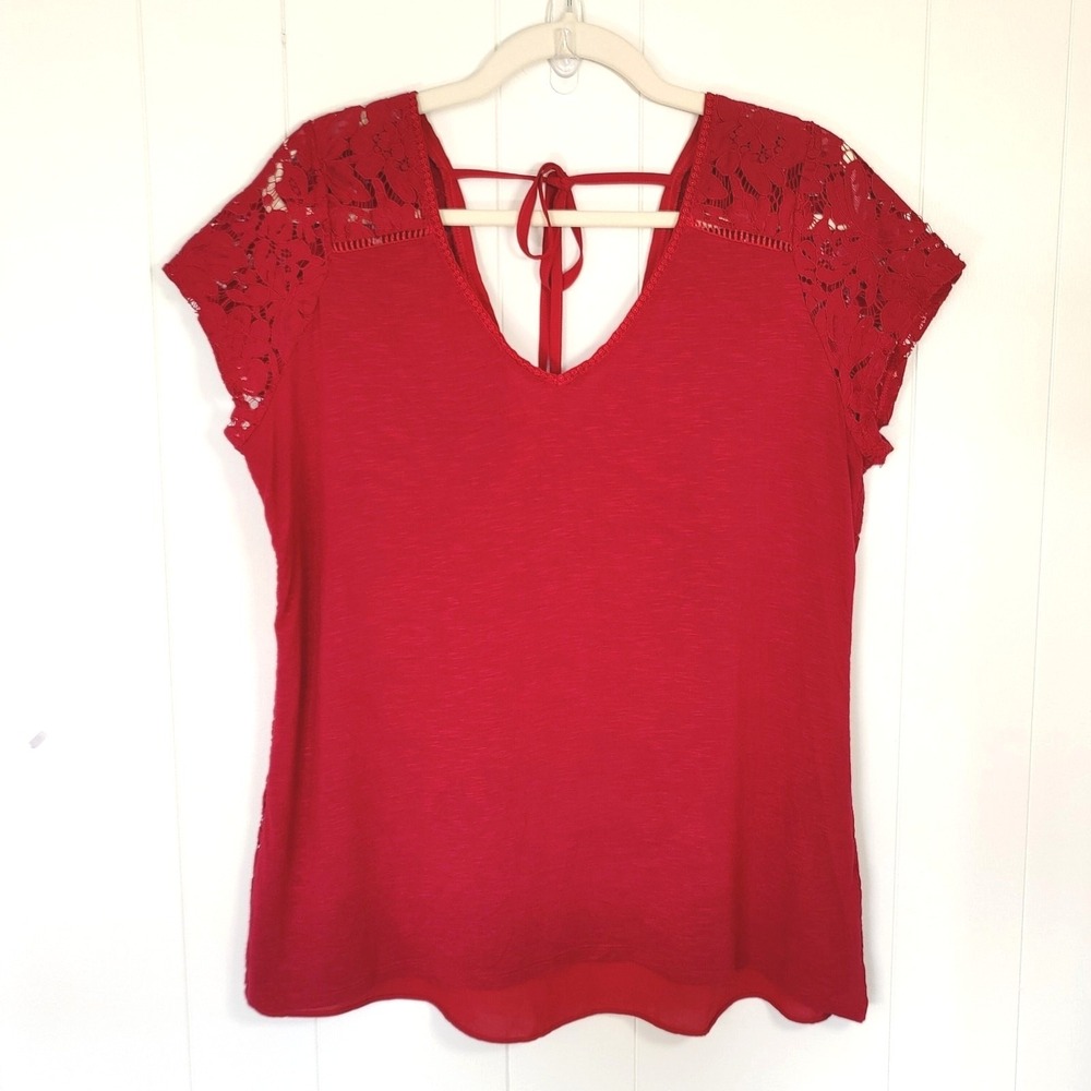 White House Black Market Red Lace Top Cap Sleeve Tie Back L Romantic Coquette‎